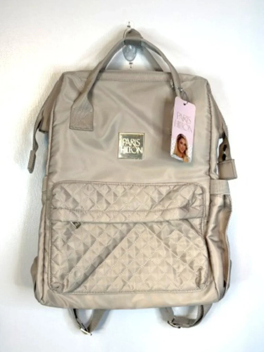 Paris Hilton Tan Quilted Backpack with Front Zipper Pocket